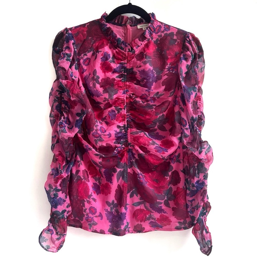 Manoush Silk Floral Print Ruched Longsleeve Top Blouse Pink Magenta US Size 6
